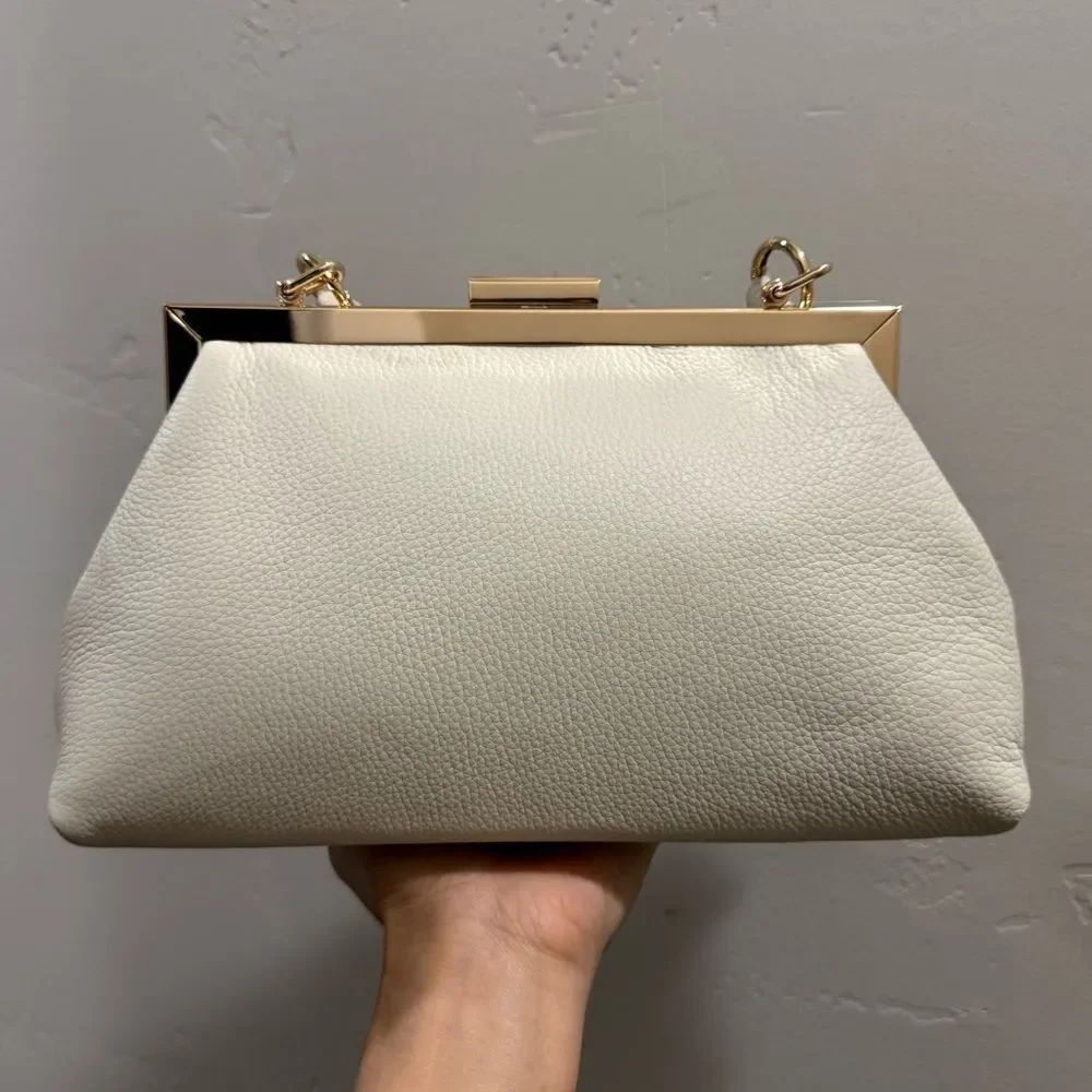 Ivory Pebble Leather Handmade Asymmetrical Ruffles Metal Frame Clutch/Crossbaody - Picture 12 of 16